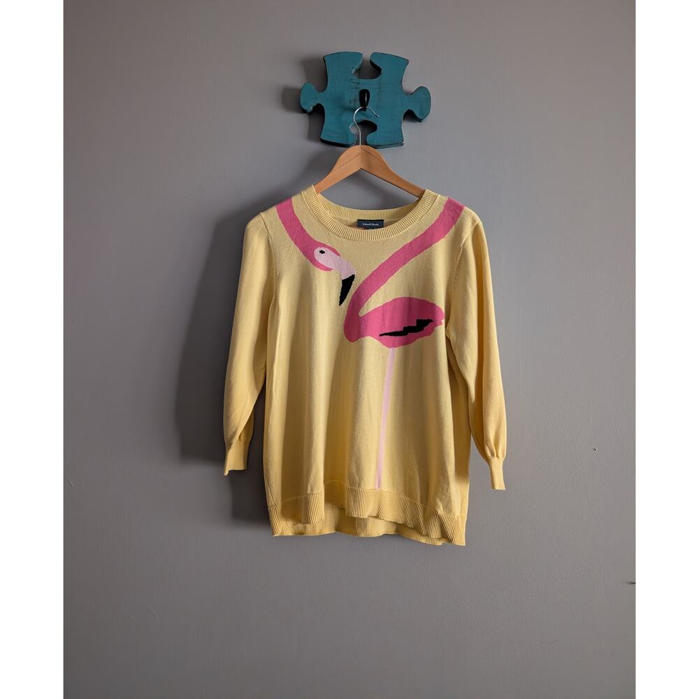 ModCloth Yellow Flamingo Knit Sweater XL Retro Whimsical Intarsia 3/4 Sleeve - Picture 2 of 15